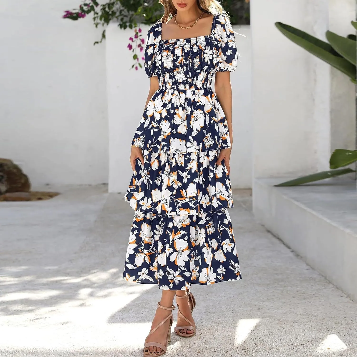 Tiered Maxi Dresses for Women 2025 Casual Boho Summer Dress Cute Long Floral Dresses Square Neck Short Sleeve Dress
