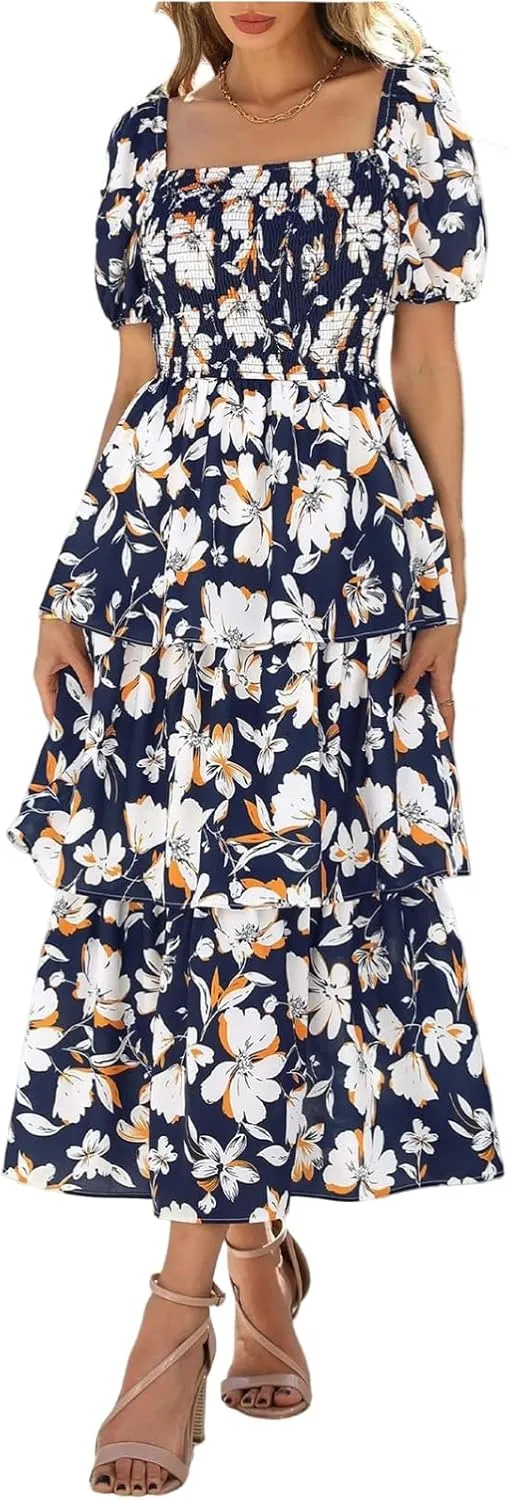 Tiered Maxi Dresses for Women 2025 Casual Boho Summer Dress Cute Long Floral Dresses Square Neck Short Sleeve Dress