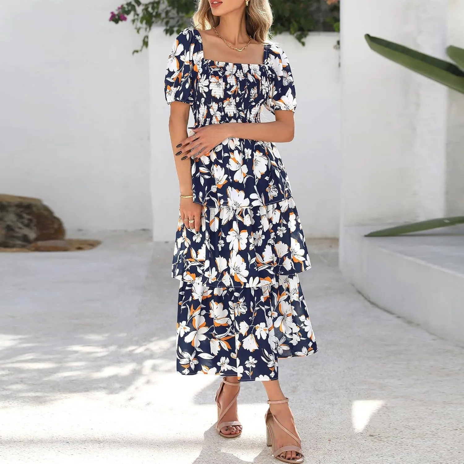 Tiered Maxi Dresses for Women 2025 Casual Boho Summer Dress Cute Long Floral Dresses Square Neck Short Sleeve Dress