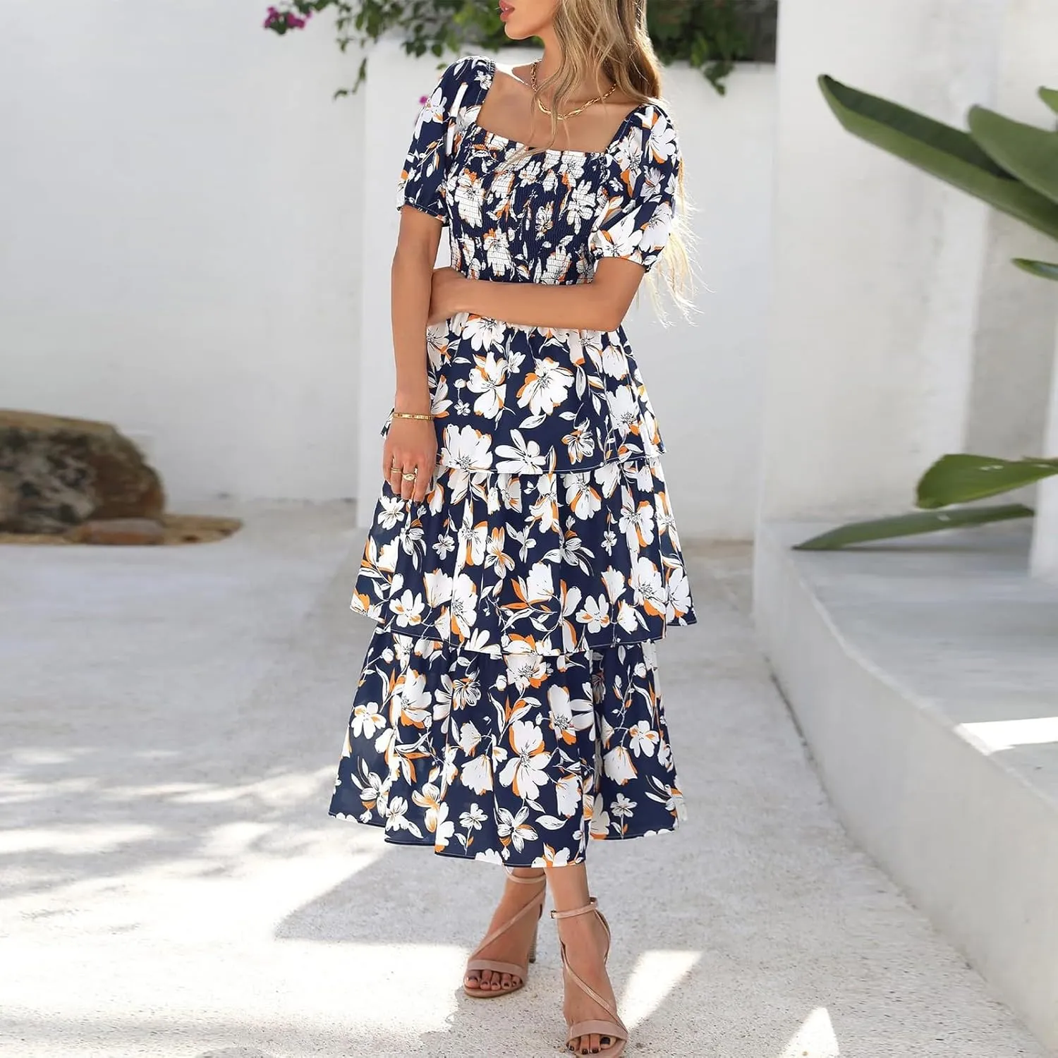 Tiered Maxi Dresses for Women 2025 Casual Boho Summer Dress Cute Long Floral Dresses Square Neck Short Sleeve Dress