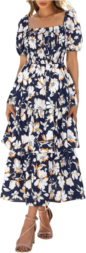 Tiered Maxi Dresses for Women 2025 Casual Boho Summer Dress Cute Long Floral Dresses Square Neck Short Sleeve Dress