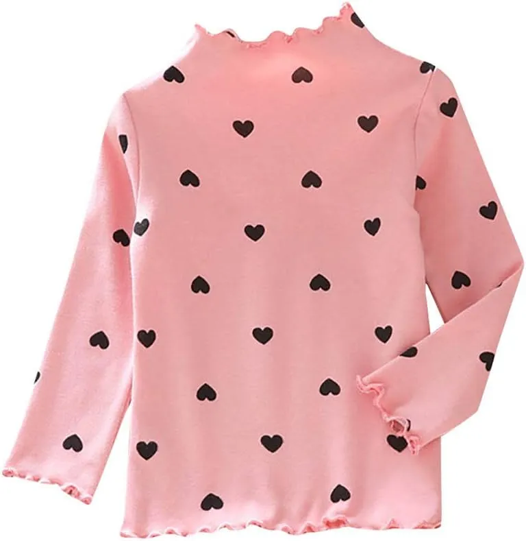 Toddler Baby Little Girls Cotton Pullover Turtleneck T Shirt Top Long Sleeve Bottoming Shirt Basic Heart Print Blouse