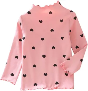 Toddler Baby Little Girls Cotton Pullover Turtleneck T Shirt Top Long Sleeve Bottoming Shirt Basic Heart Print Blouse