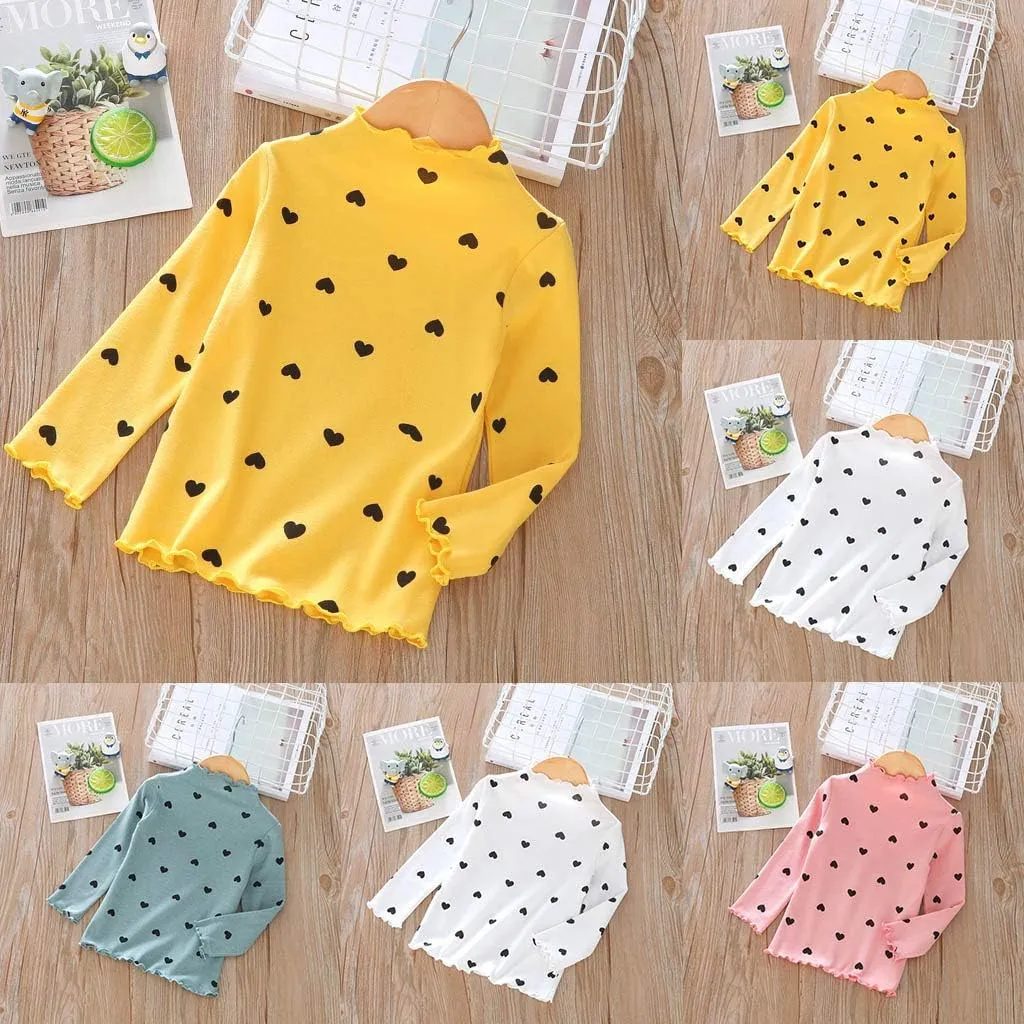 Toddler Baby Little Girls Cotton Pullover Turtleneck T Shirt Top Long Sleeve Bottoming Shirt Basic Heart Print Blouse