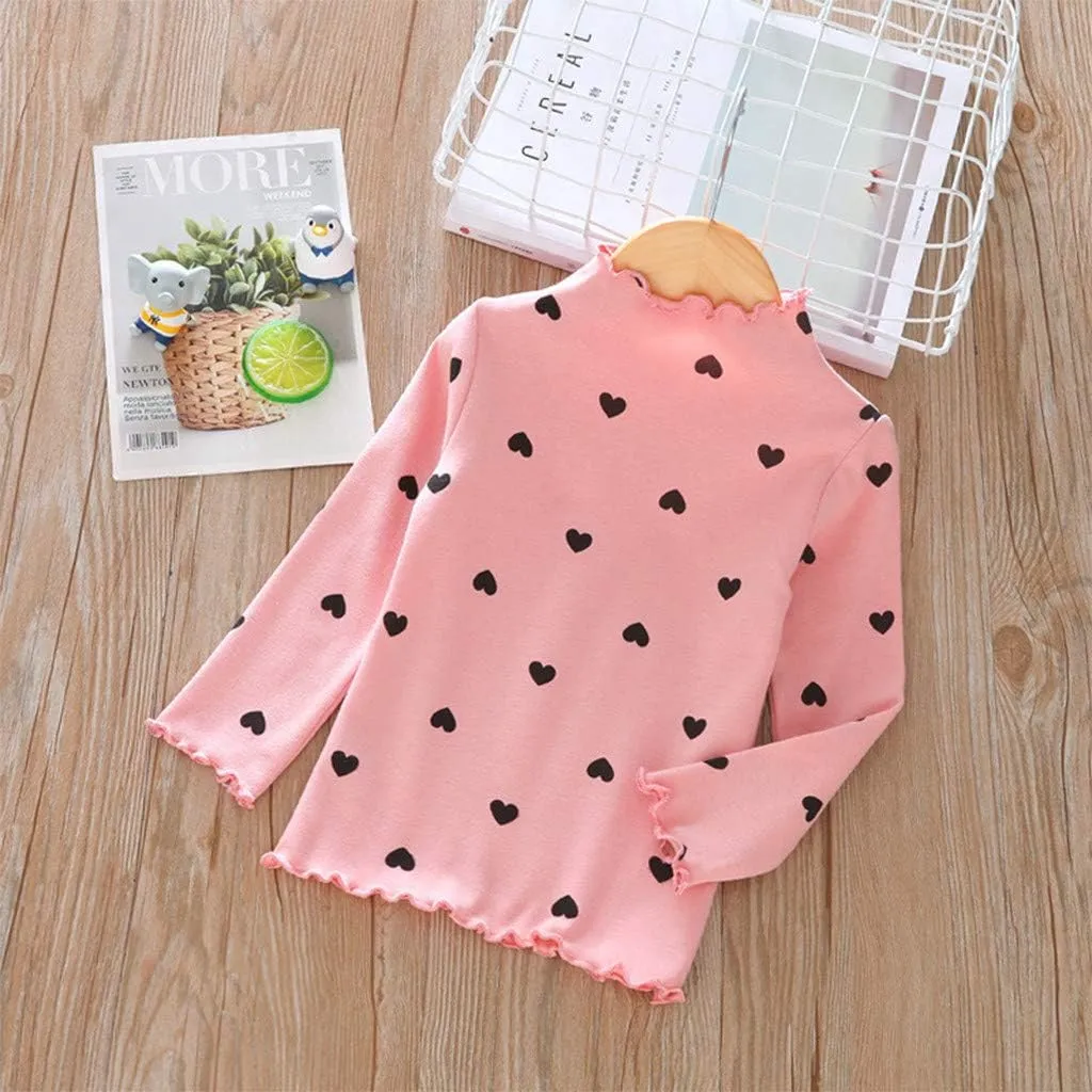 Toddler Baby Little Girls Cotton Pullover Turtleneck T Shirt Top Long Sleeve Bottoming Shirt Basic Heart Print Blouse