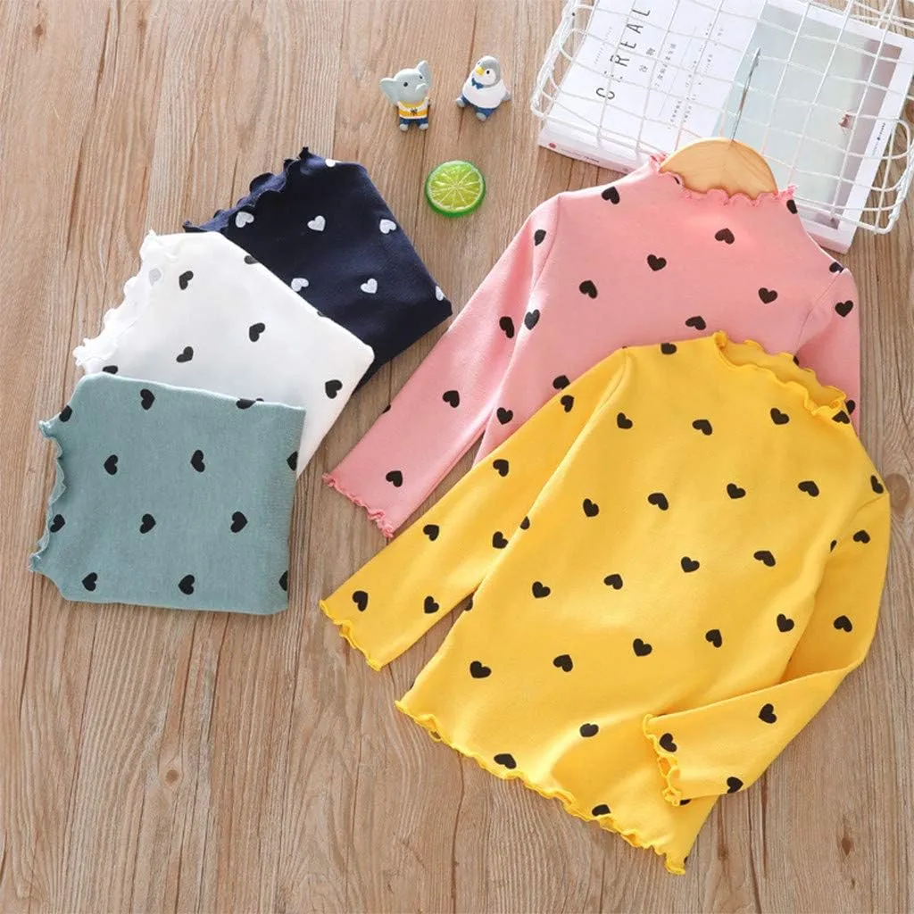 Toddler Baby Little Girls Cotton Pullover Turtleneck T Shirt Top Long Sleeve Bottoming Shirt Basic Heart Print Blouse