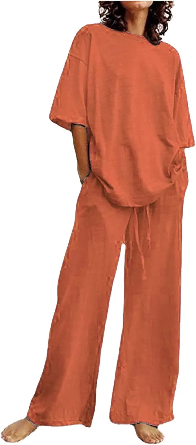 Two Piece Sets for Women Summer Linen Casual Outfit Crewneck 3/4 Sleeve Tops High Waist Wide Leg Pants with Pockets