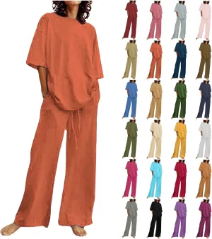 Two Piece Sets for Women Summer Linen Casual Outfit Crewneck 3/4 Sleeve Tops High Waist Wide Leg Pants with Pockets