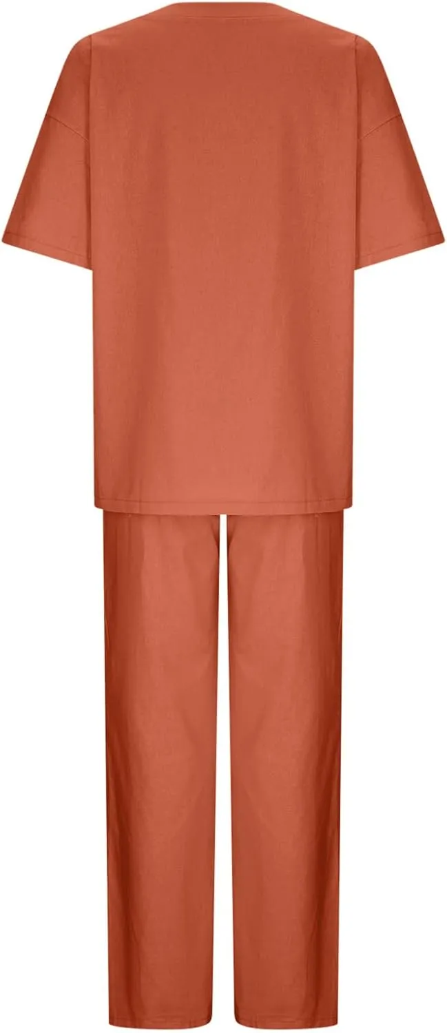 Two Piece Sets for Women Summer Linen Casual Outfit Crewneck 3/4 Sleeve Tops High Waist Wide Leg Pants with Pockets