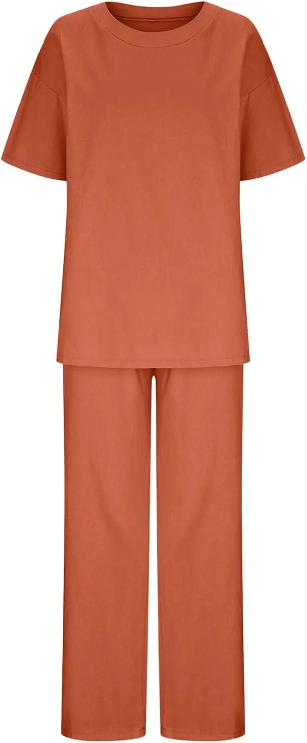 Two Piece Sets for Women Summer Linen Casual Outfit Crewneck 3/4 Sleeve Tops High Waist Wide Leg Pants with Pockets
