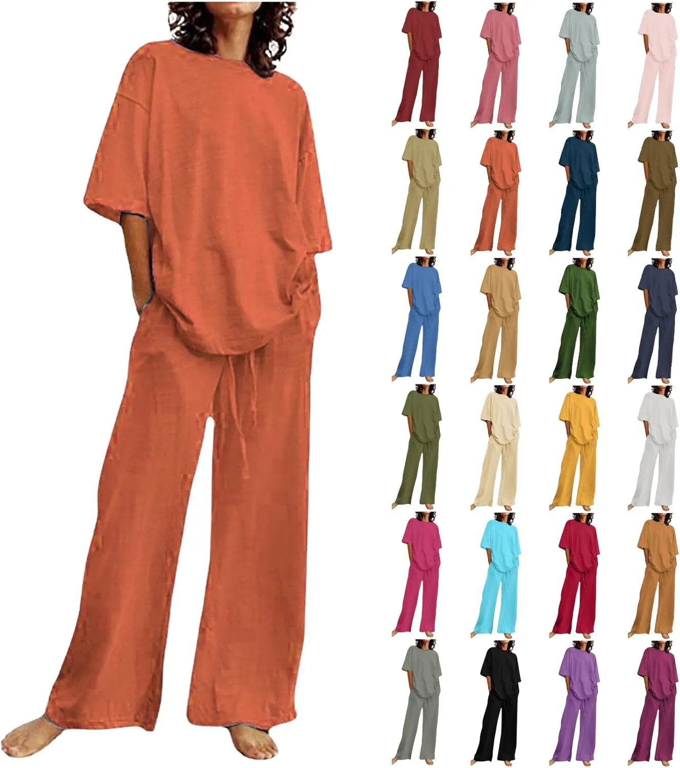 Two Piece Sets for Women Summer Linen Casual Outfit Crewneck 3/4 Sleeve Tops High Waist Wide Leg Pants with Pockets