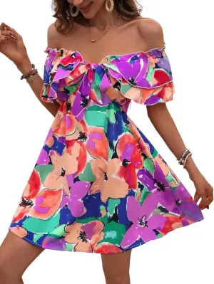 Urchics Summer Dress Vacation Style Tie-Dye Off Shoulder Ruffle Edge Dress with Tied Belt