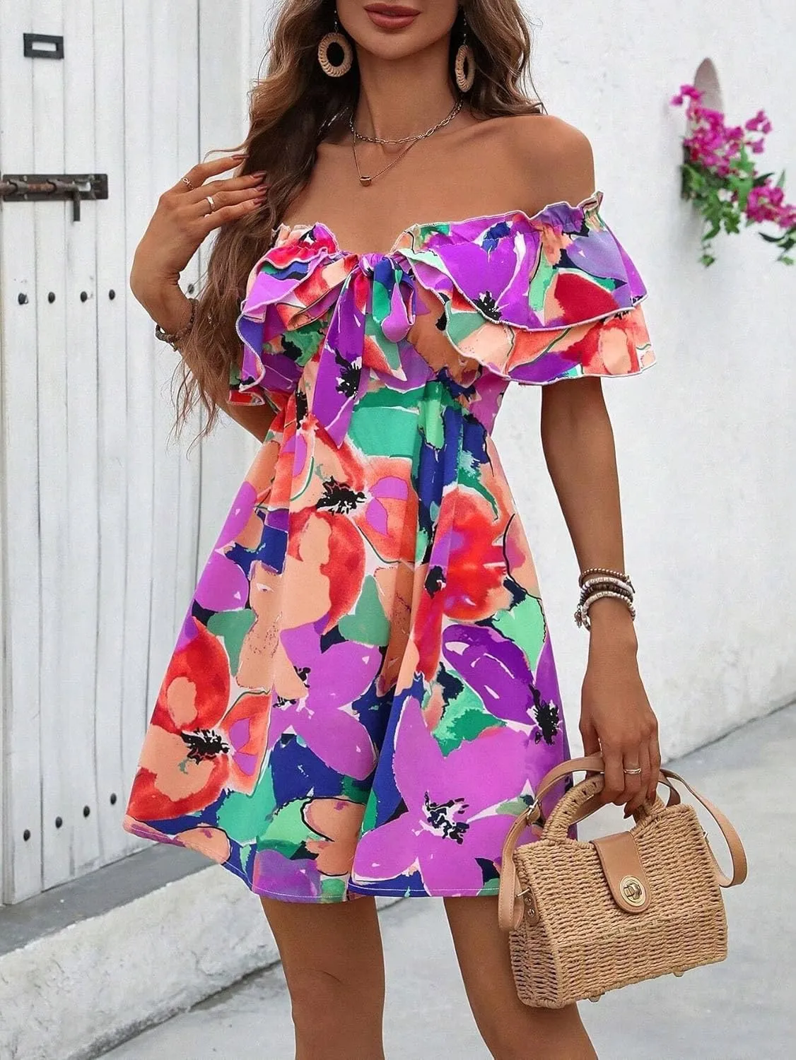Urchics Summer Dress Vacation Style Tie-Dye Off Shoulder Ruffle Edge Dress with Tied Belt