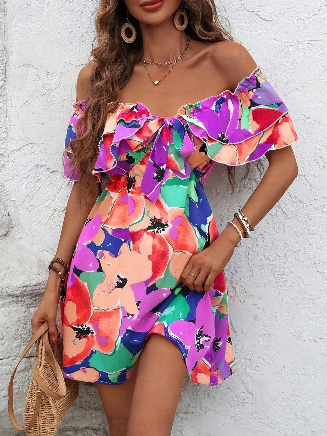 Urchics Summer Dress Vacation Style Tie-Dye Off Shoulder Ruffle Edge Dress with Tied Belt