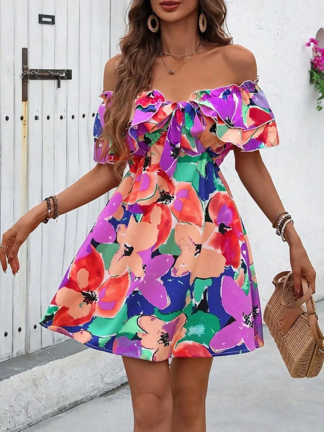 Urchics Summer Dress Vacation Style Tie-Dye Off Shoulder Ruffle Edge Dress with Tied Belt