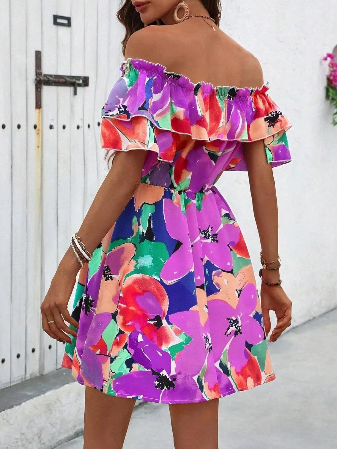 Urchics Summer Dress Vacation Style Tie-Dye Off Shoulder Ruffle Edge Dress with Tied Belt