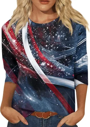 usa Flag Shirt Womens 3/4 Length Sleeve Button Down Red White And Blue Tops Summer Blouses Lightweight Gift Clothes