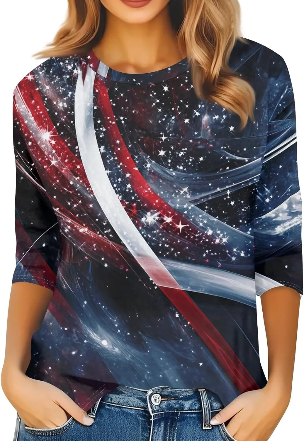 usa Flag Shirt Womens 3/4 Length Sleeve Button Down Red White And Blue Tops Summer Blouses Lightweight Gift Clothes