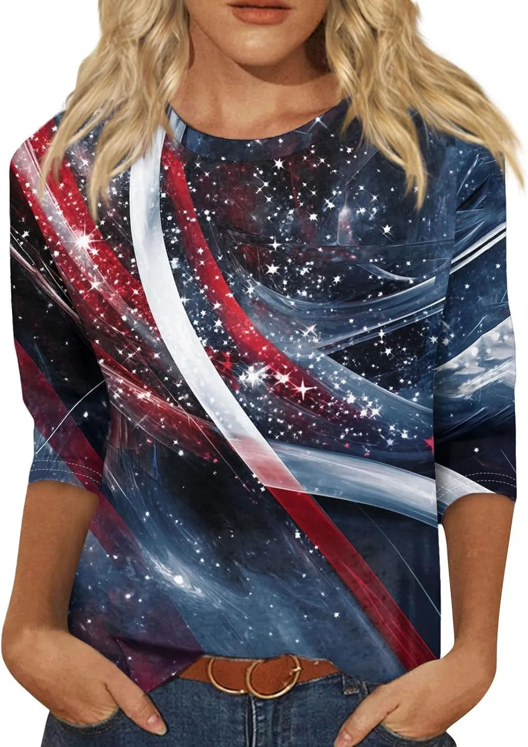 usa Flag Shirt Womens 3/4 Length Sleeve Button Down Red White And Blue Tops Summer Blouses Lightweight Gift Clothes