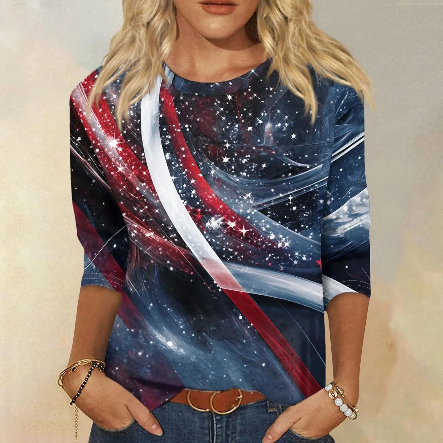 usa Flag Shirt Womens 3/4 Length Sleeve Button Down Red White And Blue Tops Summer Blouses Lightweight Gift Clothes