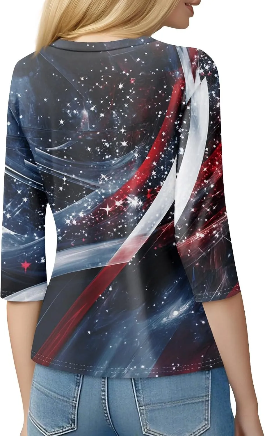 usa Flag Shirt Womens 3/4 Length Sleeve Button Down Red White And Blue Tops Summer Blouses Lightweight Gift Clothes
