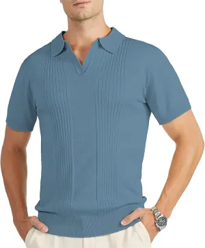 V VALANCH Mens Knit Polo Shirts Short Sleeve Vintage Sweater Polo Summer Casual Shirts Golf Pullover