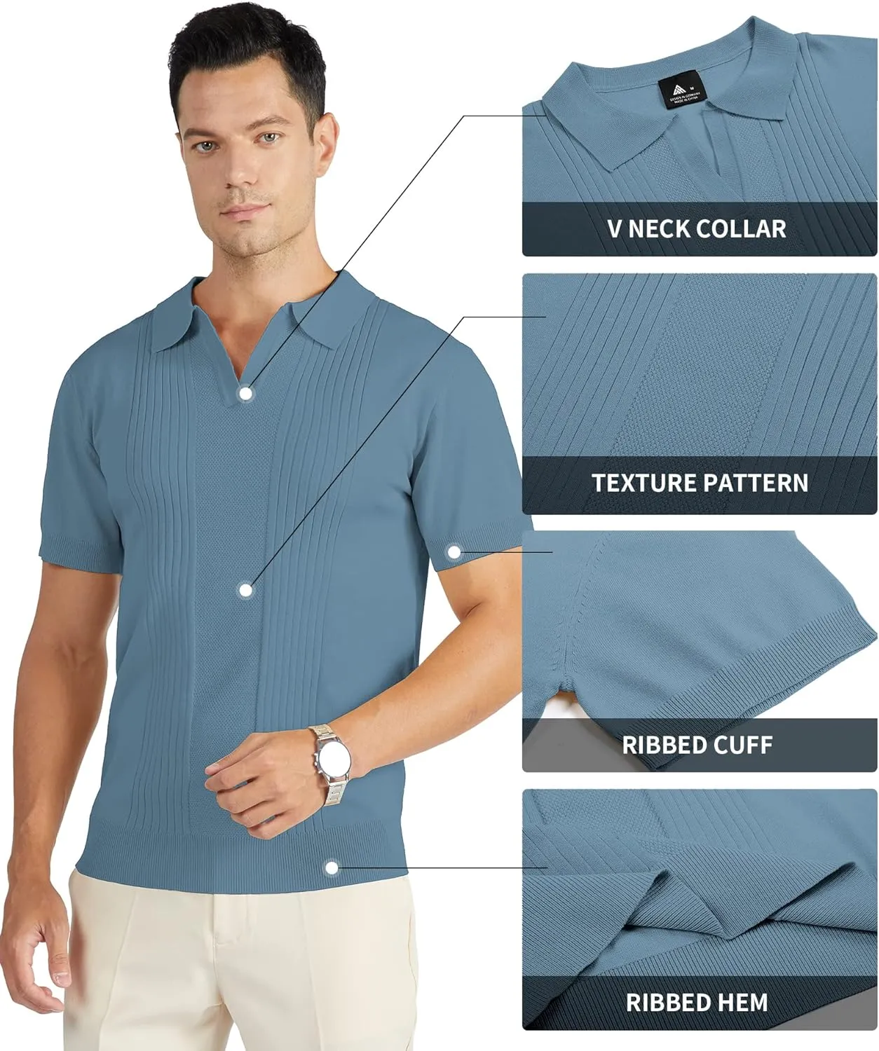 V VALANCH Mens Knit Polo Shirts Short Sleeve Vintage Sweater Polo Summer Casual Shirts Golf Pullover
