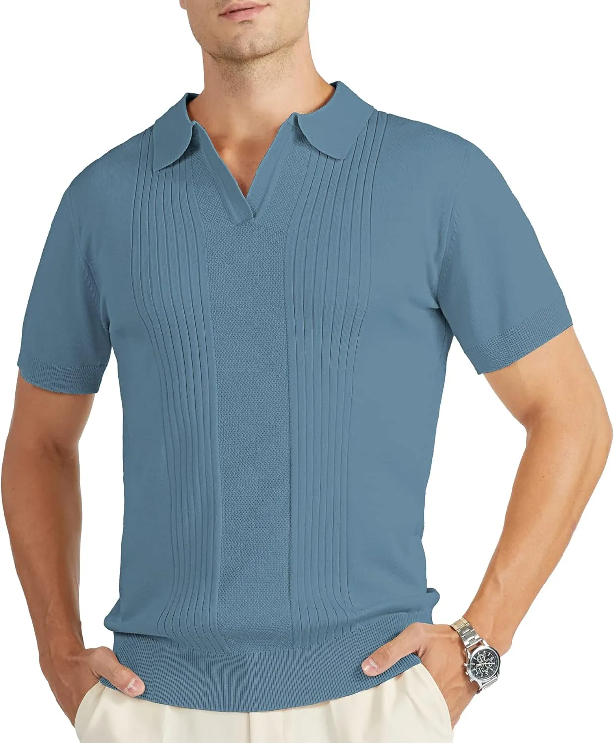 V VALANCH Mens Knit Polo Shirts Short Sleeve Vintage Sweater Polo Summer Casual Shirts Golf Pullover