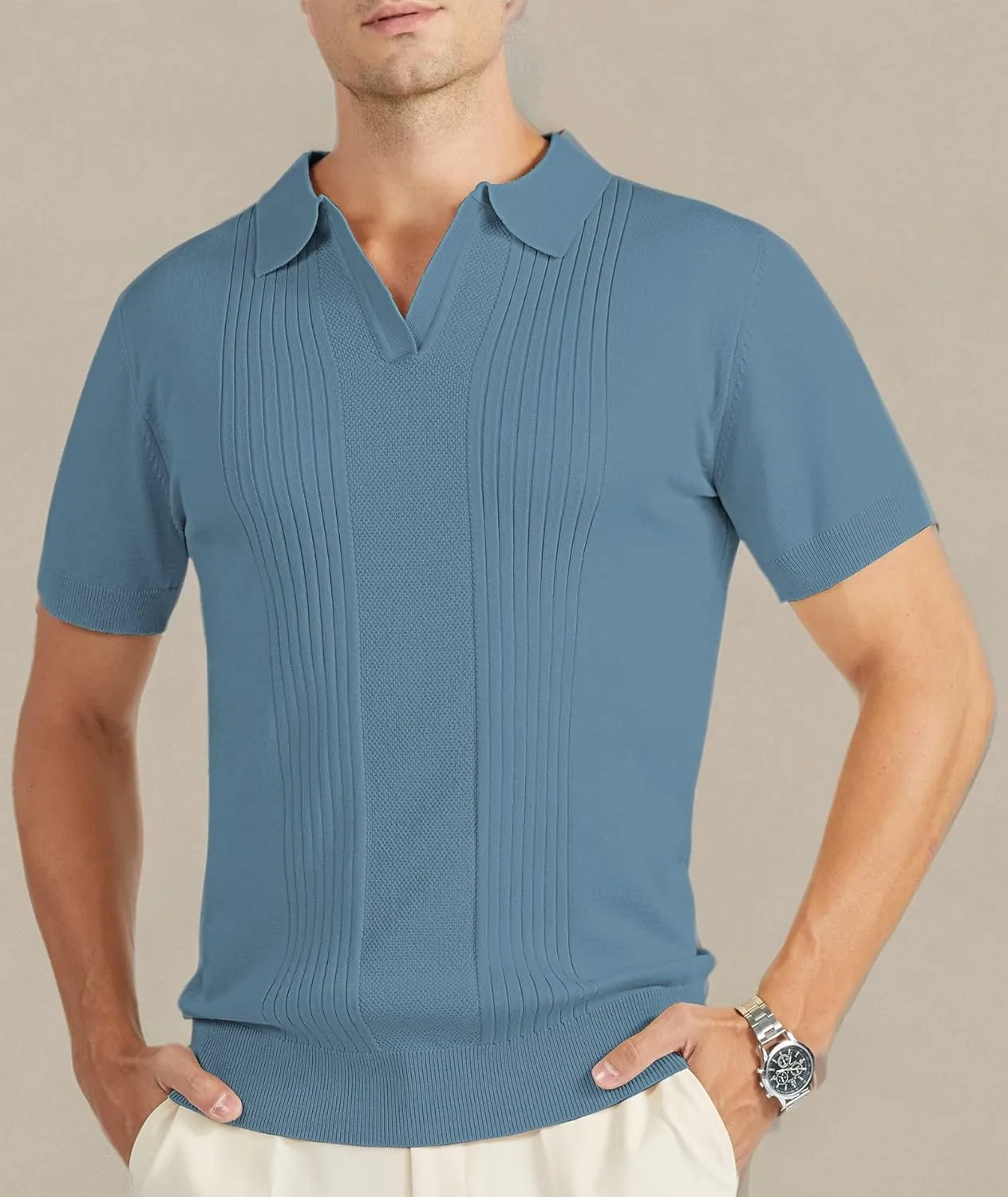 V VALANCH Mens Knit Polo Shirts Short Sleeve Vintage Sweater Polo Summer Casual Shirts Golf Pullover