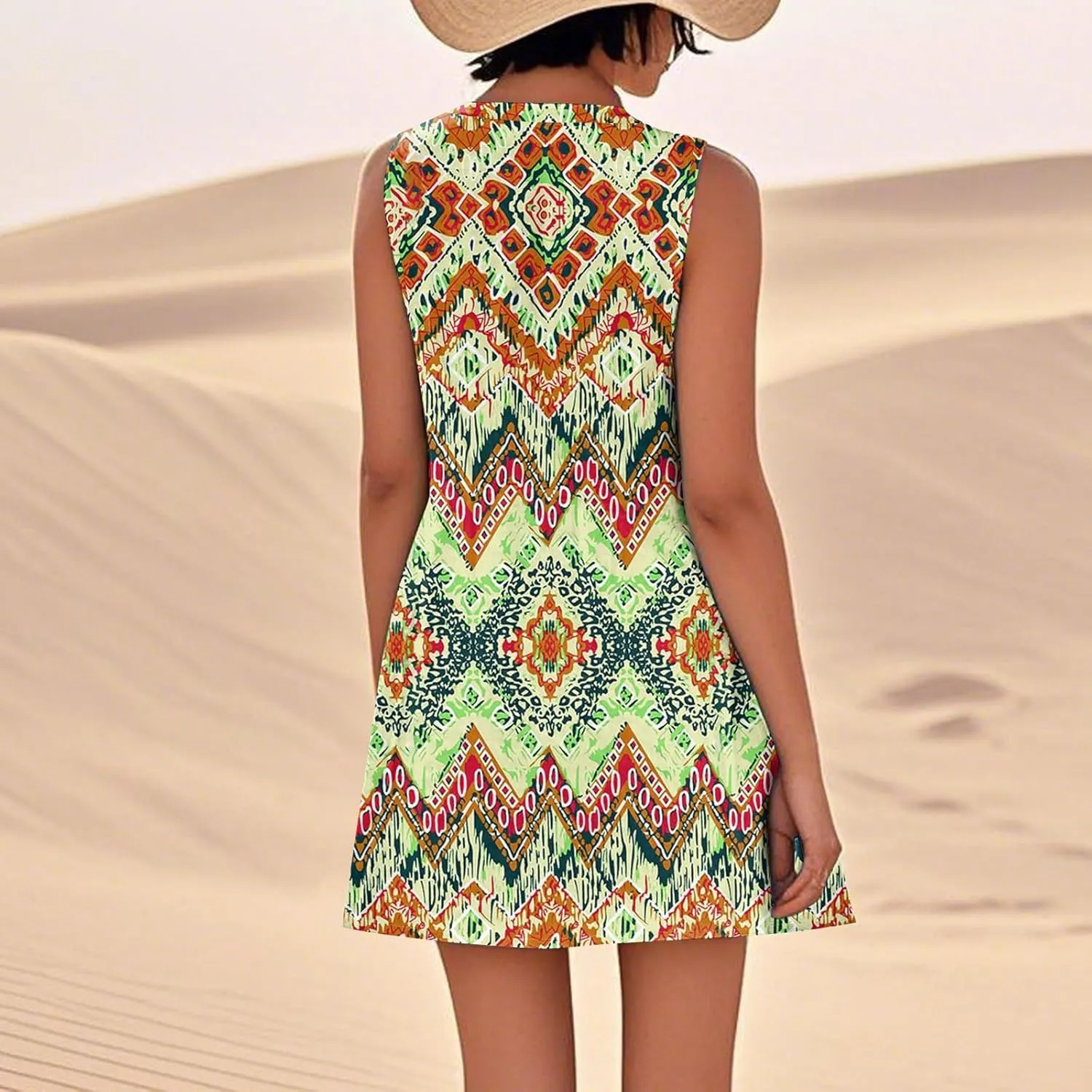 Vacation Dresses for Women 2025 Trendy Crew Neck Floral Print Dress Summer Boho Loose Beach Vest Mini Dress with Pockets