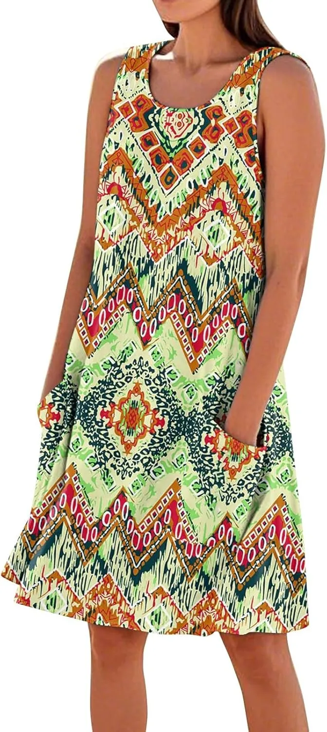 Vacation Dresses for Women 2025 Trendy Crew Neck Floral Print Dress Summer Boho Loose Beach Vest Mini Dress with Pockets