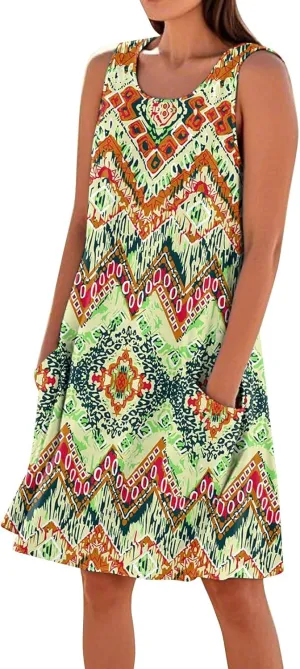 Vacation Dresses for Women 2025 Trendy Crew Neck Floral Print Dress Summer Boho Loose Beach Vest Mini Dress with Pockets