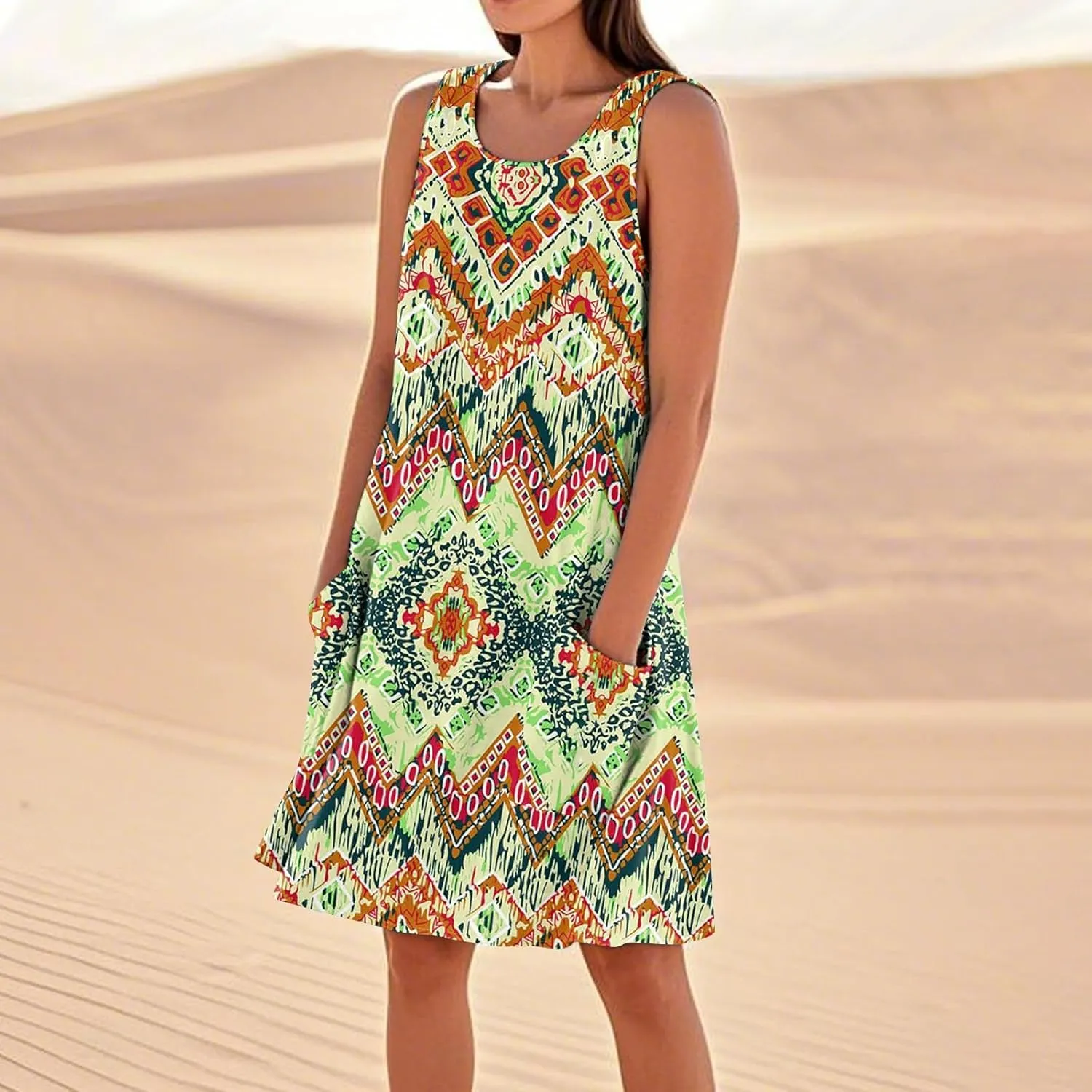 Vacation Dresses for Women 2025 Trendy Crew Neck Floral Print Dress Summer Boho Loose Beach Vest Mini Dress with Pockets