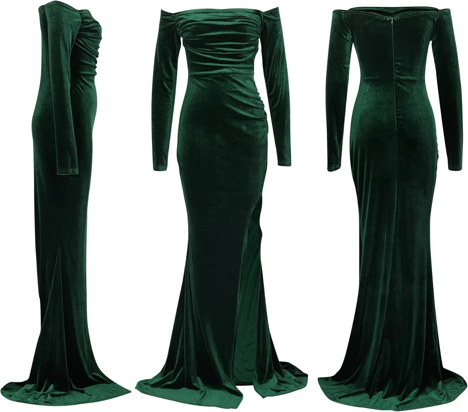 Vakkest Women Off The Shoulder Formal Dresses Long Sleeve Evening Party Velvet Maxi Dress High Split Cocktail Gowns