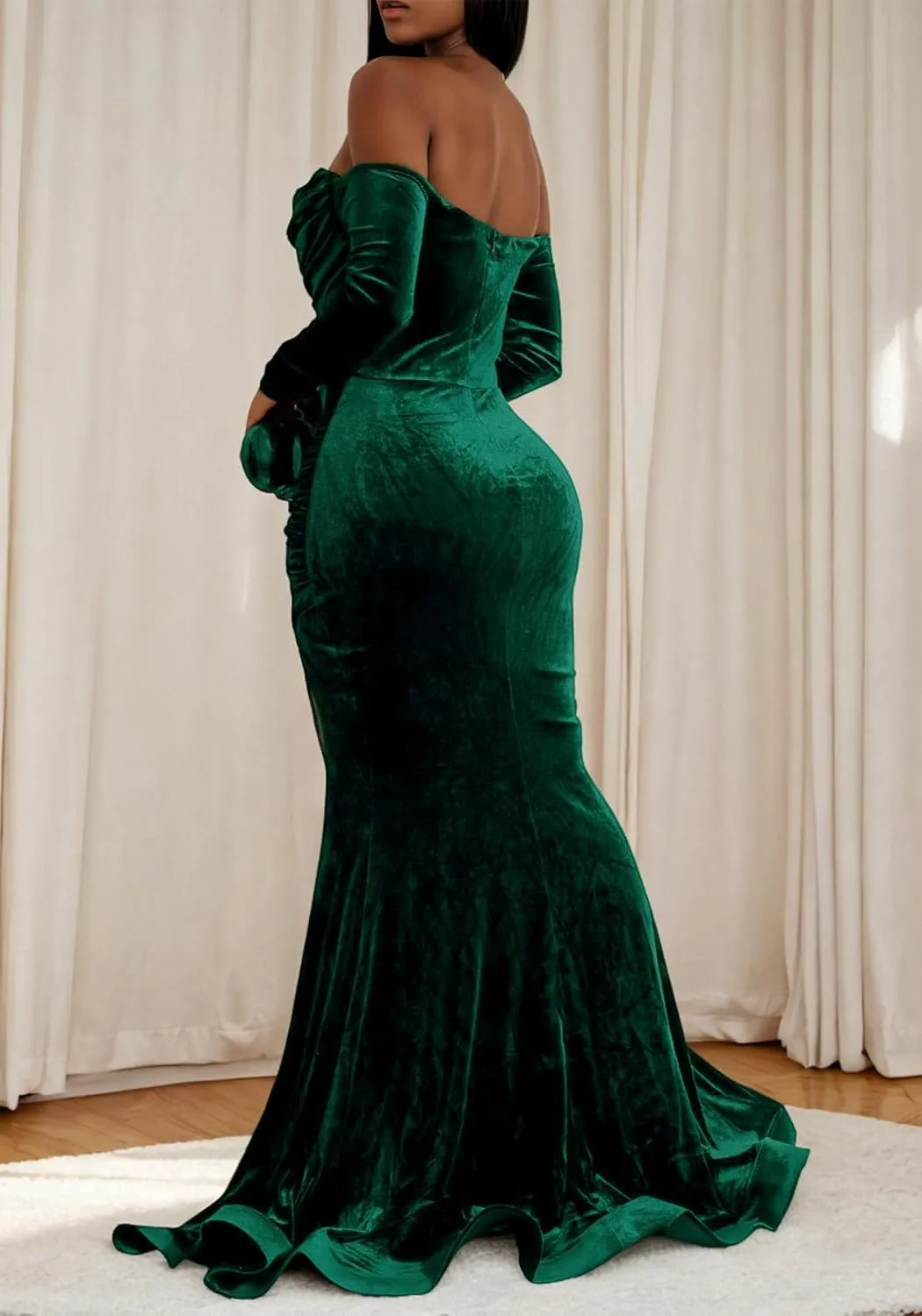 Vakkest Women Off The Shoulder Formal Dresses Long Sleeve Evening Party Velvet Maxi Dress High Split Cocktail Gowns