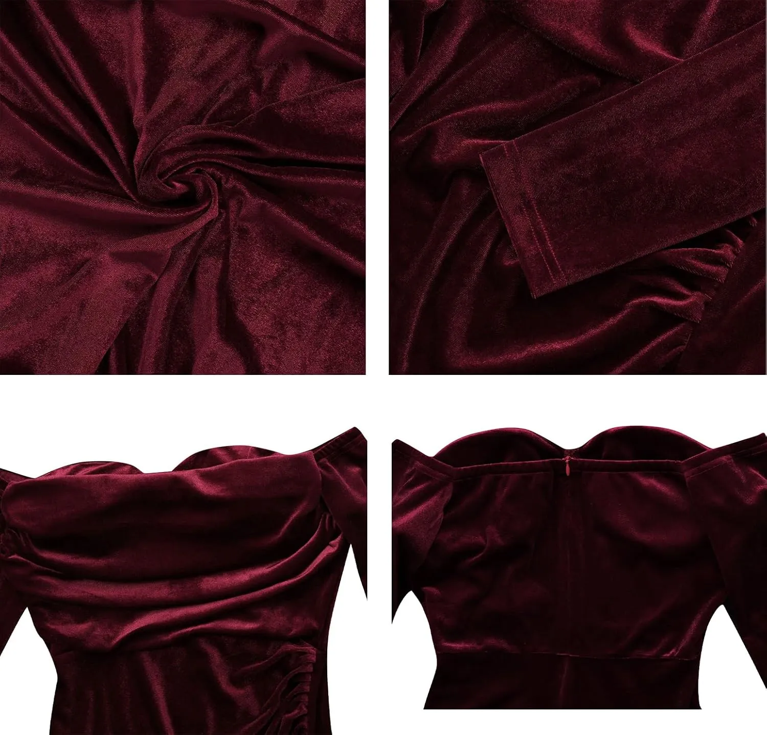 Vakkest Women Off The Shoulder Formal Dresses Long Sleeve Evening Party Velvet Maxi Dress High Split Cocktail Gowns