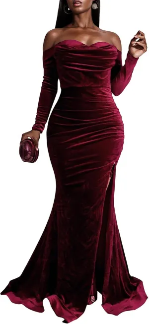 Vakkest Women Off The Shoulder Formal Dresses Long Sleeve Evening Party Velvet Maxi Dress High Split Cocktail Gowns