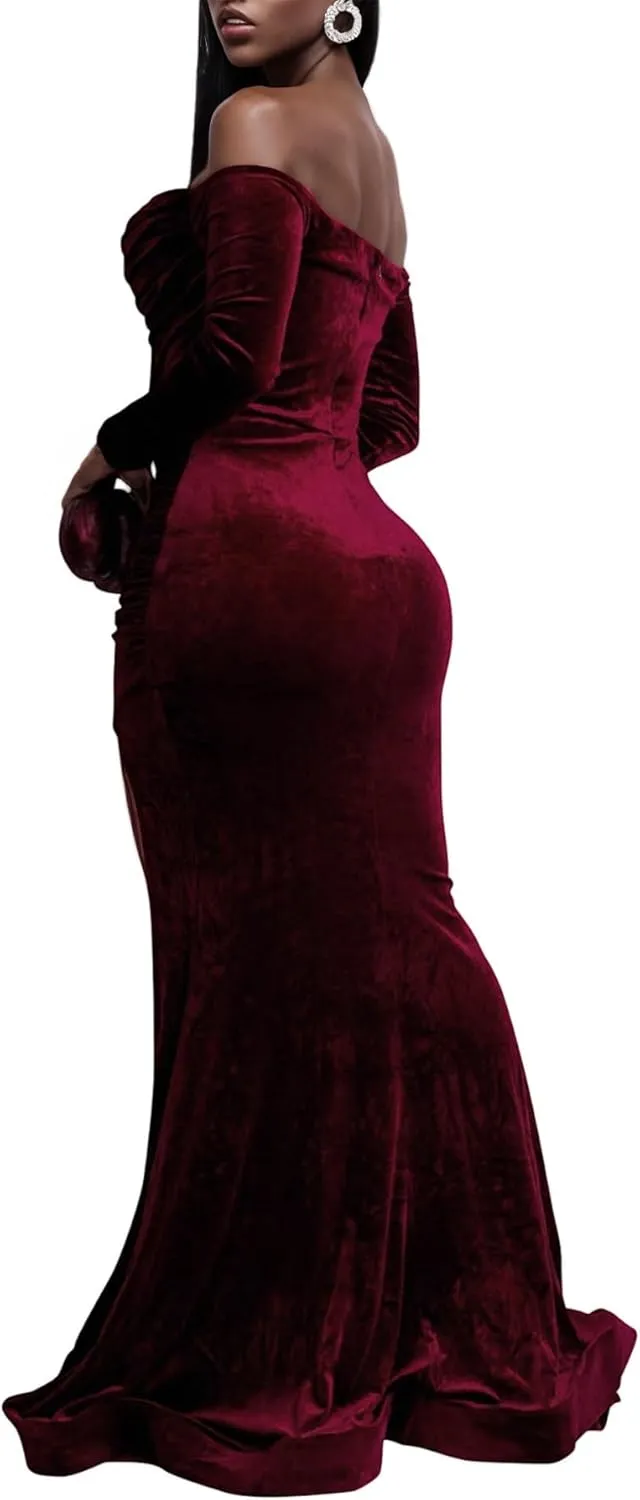 Vakkest Women Off The Shoulder Formal Dresses Long Sleeve Evening Party Velvet Maxi Dress High Split Cocktail Gowns