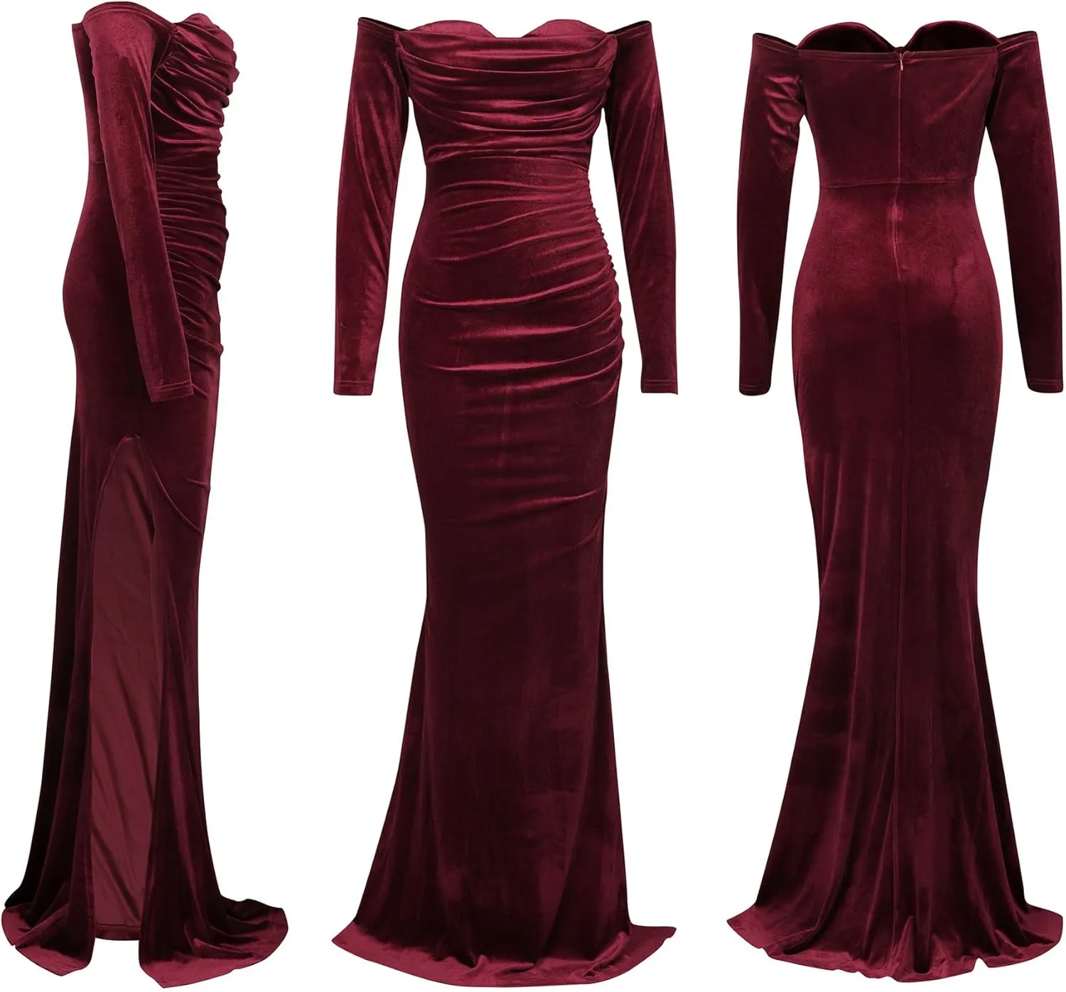 Vakkest Women Off The Shoulder Formal Dresses Long Sleeve Evening Party Velvet Maxi Dress High Split Cocktail Gowns