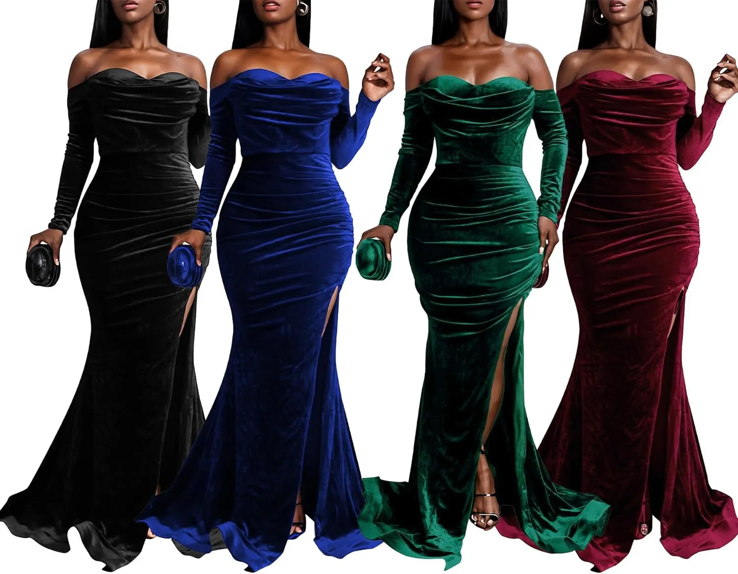 Vakkest Women Off The Shoulder Formal Dresses Long Sleeve Evening Party Velvet Maxi Dress High Split Cocktail Gowns