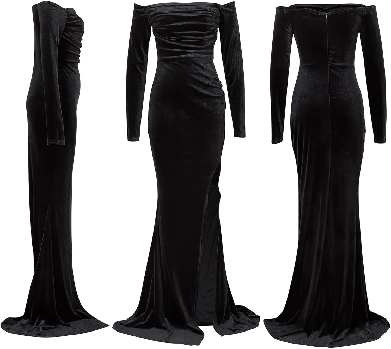 Vakkest Women Off The Shoulder Formal Dresses Long Sleeve Evening Party Velvet Maxi Dress High Split Cocktail Gowns