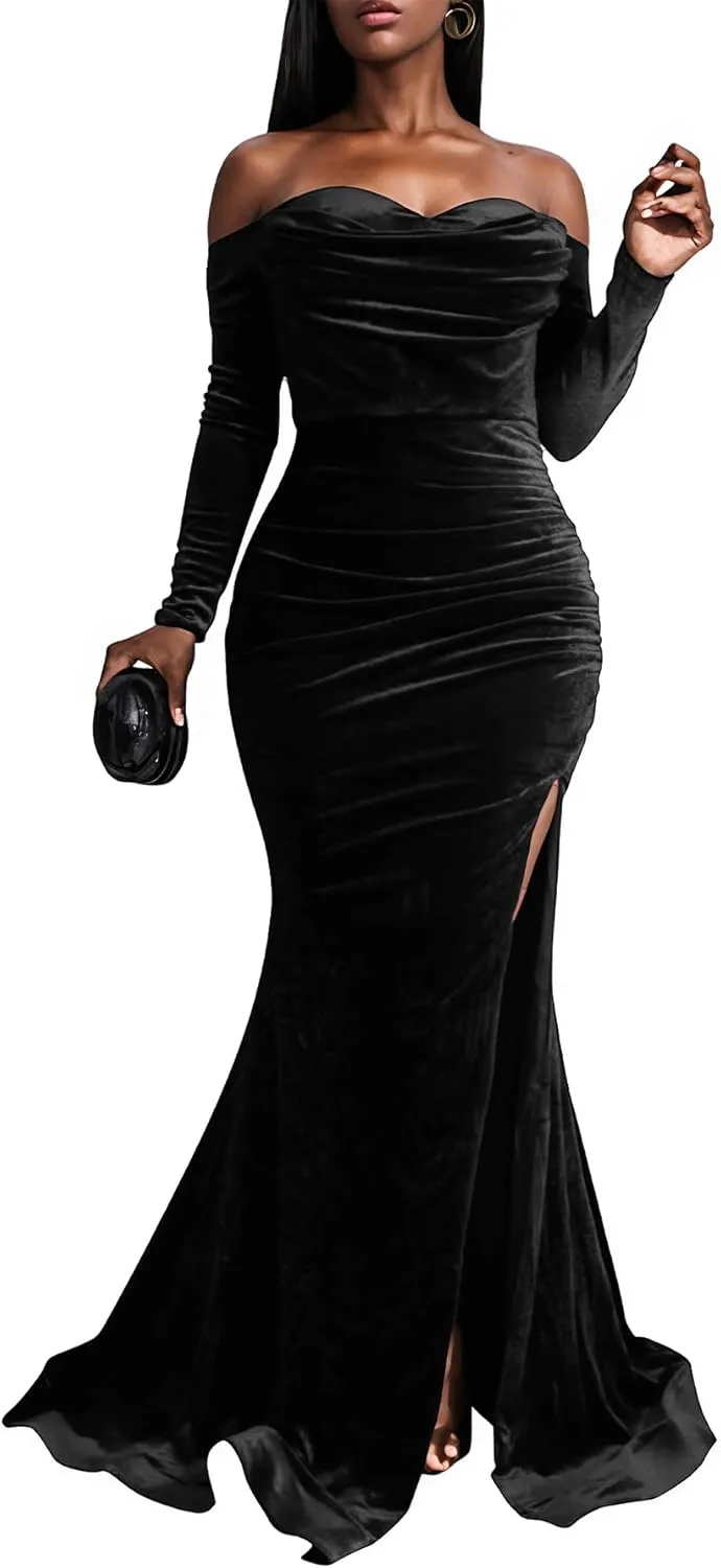 Vakkest Women Off The Shoulder Formal Dresses Long Sleeve Evening Party Velvet Maxi Dress High Split Cocktail Gowns