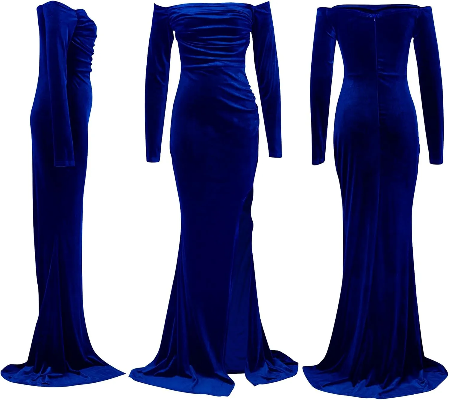 Vakkest Women Off The Shoulder Formal Dresses Long Sleeve Evening Party Velvet Maxi Dress High Split Cocktail Gowns