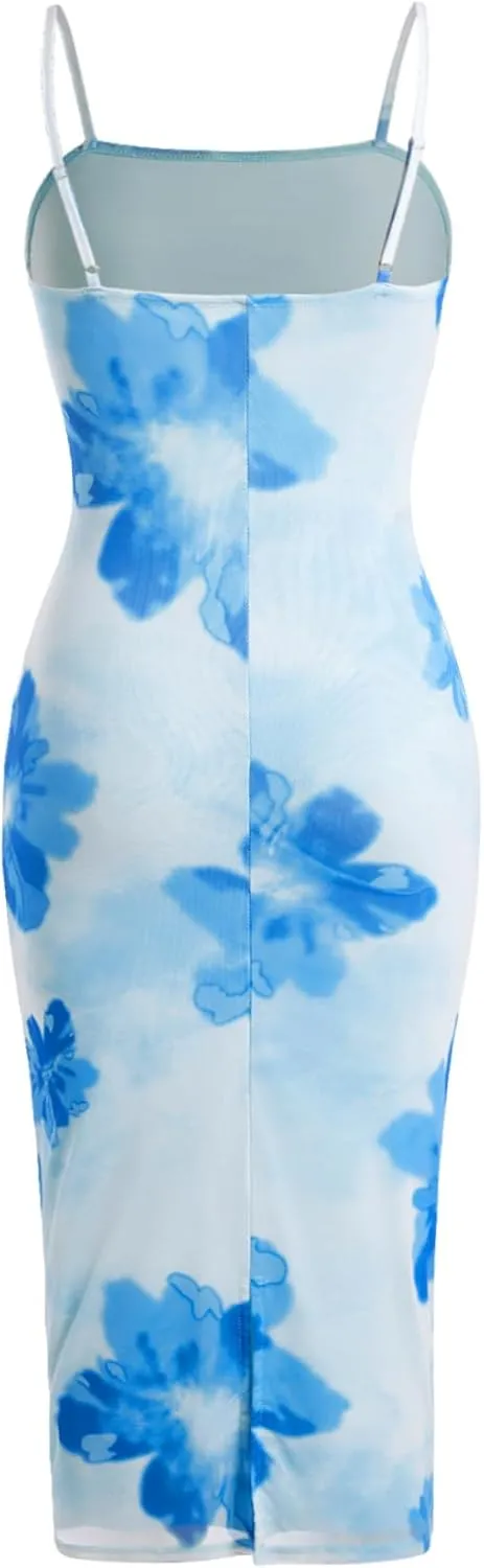 Verdusa Women's Floral Dress Wedding Guest Summer Flower Mesh Holiday Bodycon Midi Dresses