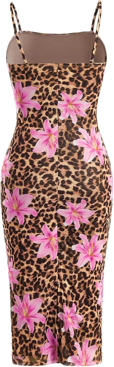 Verdusa Women's Floral Dress Wedding Guest Summer Flower Mesh Holiday Bodycon Midi Dresses