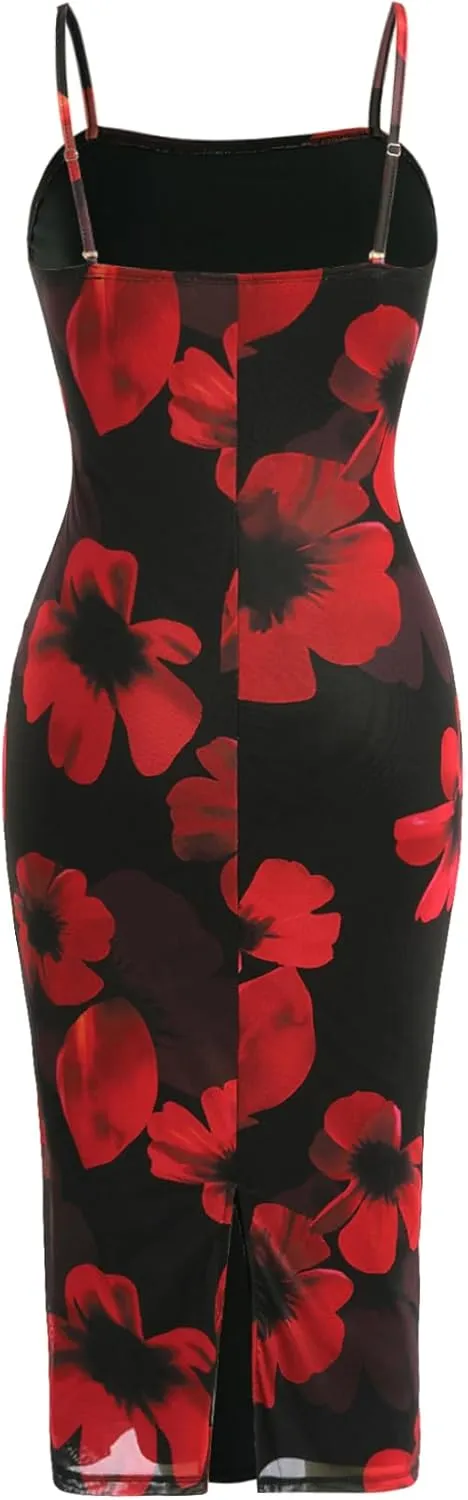 Verdusa Women's Floral Dress Wedding Guest Summer Flower Mesh Holiday Bodycon Midi Dresses