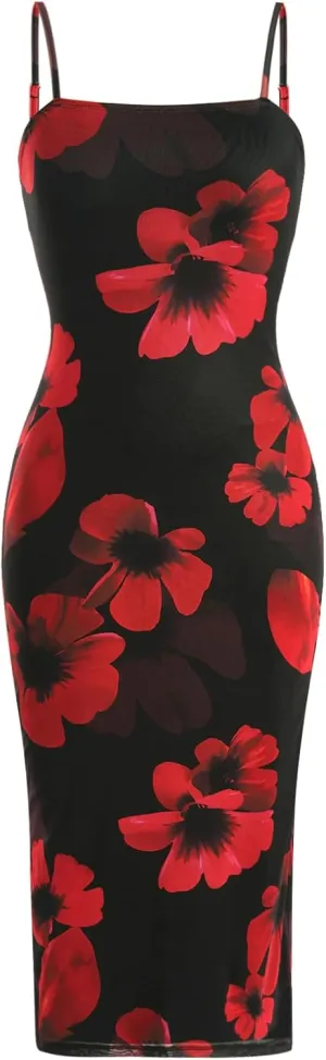 Verdusa Women's Floral Dress Wedding Guest Summer Flower Mesh Holiday Bodycon Midi Dresses