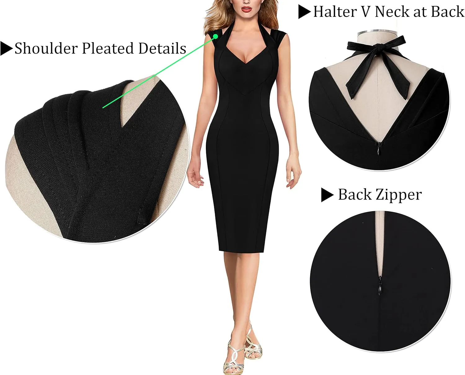 VFSHOW Womens Halter V Neck Pleated Fitted Cocktail Party Bodycon Pencil Dress