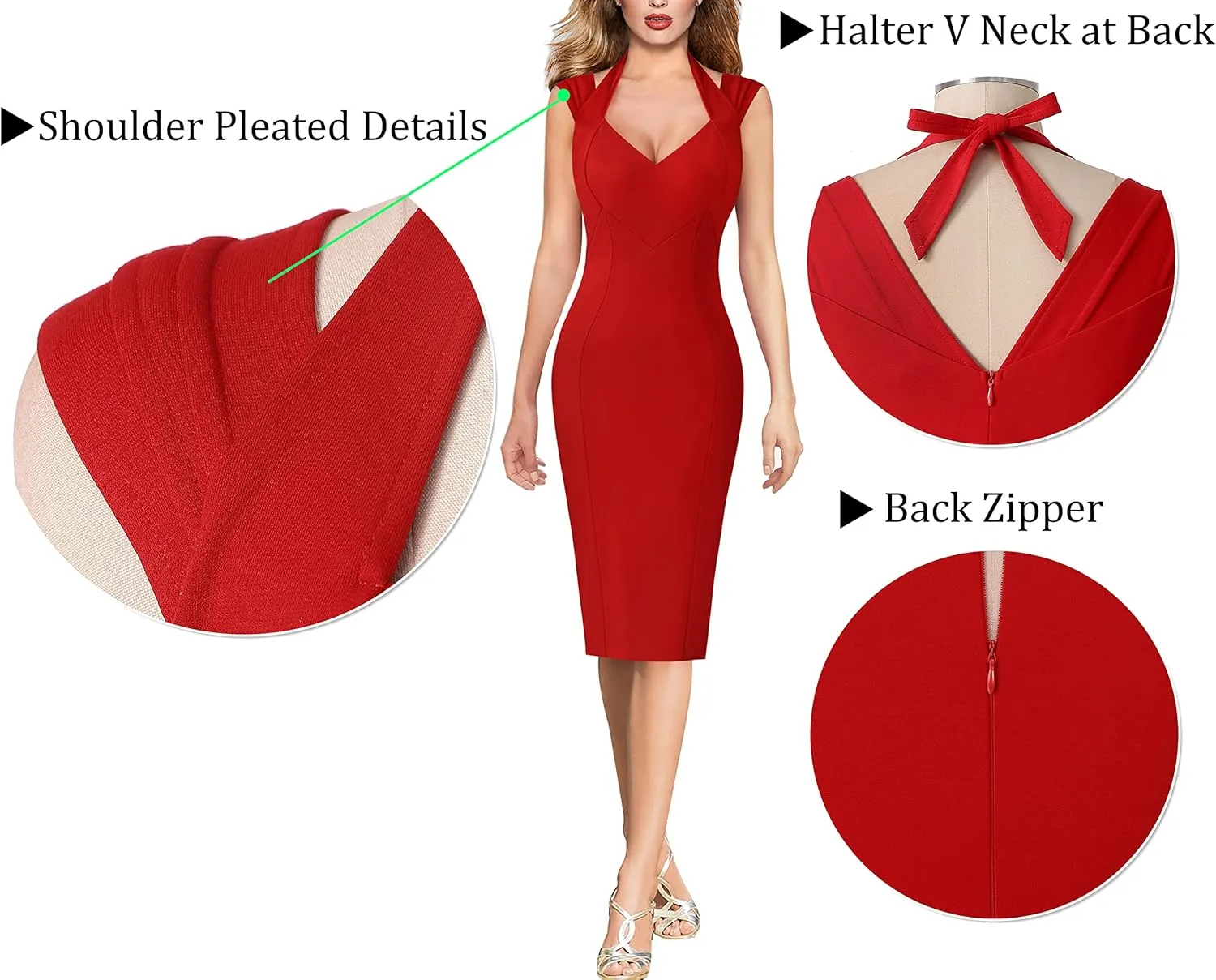 VFSHOW Womens Halter V Neck Pleated Fitted Cocktail Party Bodycon Pencil Dress