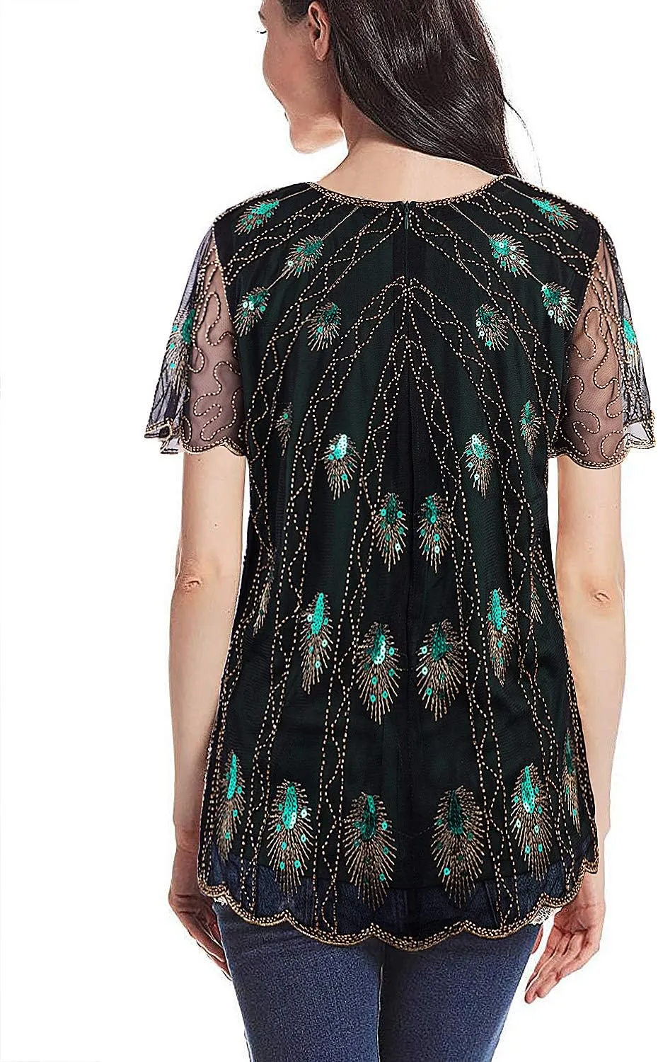 Vijiv Women's 1920s Vintage Beaded Evening Top Art Deco Scalloped Hem Peacock Sequin Embellished Blouse Tunic